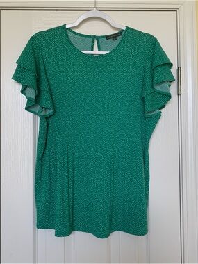 Green Ruffle Sleeve Polka Dot Blouse. Soft pleats make this so comfy!